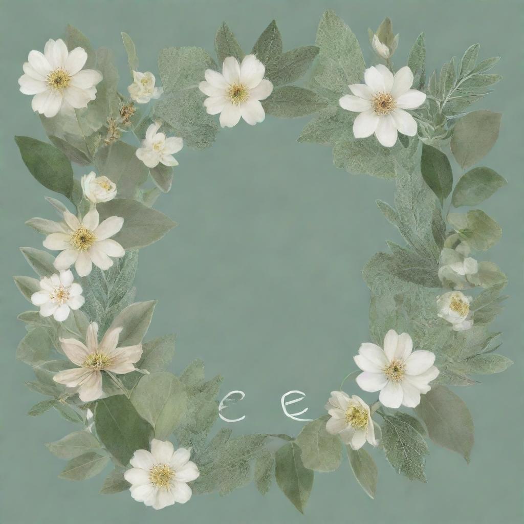 A collage style design art piece for a wallpaper, composed of various elements, set against a calming sage green background with the name 'Claire' in the center.