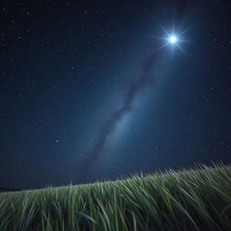 A beautiful starry night sky featuring the prominent 'Star of the Shepherd' brightly shining over a tranquil landscape