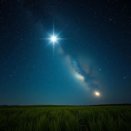 A beautiful starry night sky featuring the prominent 'Star of the Shepherd' brightly shining over a tranquil landscape