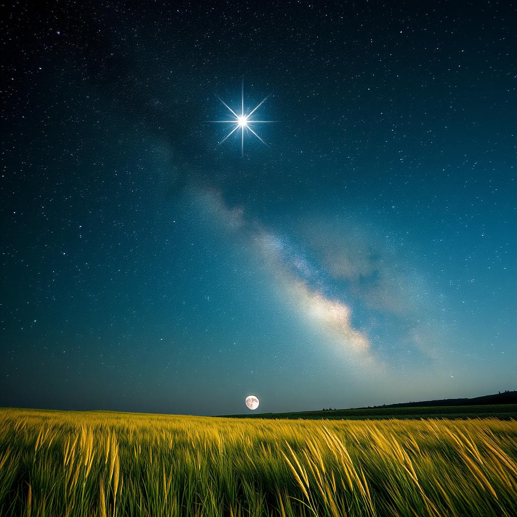 A beautiful starry night sky featuring the prominent 'Star of the Shepherd' brightly shining over a tranquil landscape