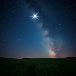 A beautiful starry night sky featuring the prominent 'Star of the Shepherd' brightly shining over a tranquil landscape