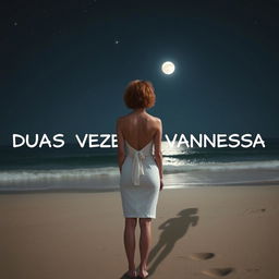 A slim woman with short, curly red hair, seen from a distance, wearing a white dress, standing on the beach with her feet in the sand