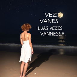 A slim woman with short, curly red hair, seen from a distance, wearing a white dress, standing on the beach with her feet in the sand