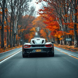 A sleek #656565 colored Porsche 918 Spyder driving straight away from the camera on a picturesque autumn road