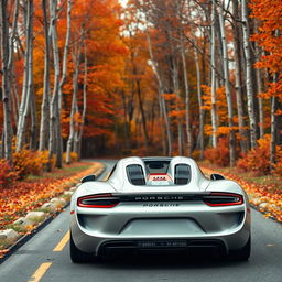 A sleek #656565 colored Porsche 918 Spyder driving straight away from the camera on a picturesque autumn road