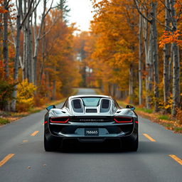 A sleek #656565 colored Porsche 918 Spyder driving straight away from the camera on a picturesque autumn road