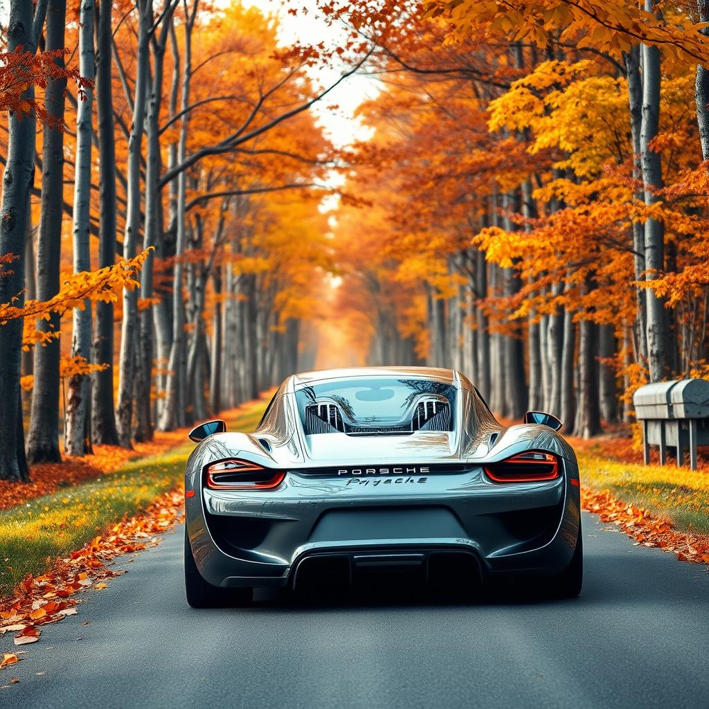 A sleek #656565 colored Porsche 918 Spyder driving straight away from the camera on a picturesque autumn road