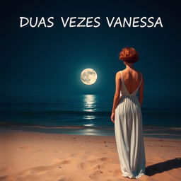 A slender woman with short, curly red hair, seen from a distance, wearing a flowing white dress, standing on a beach with her feet in the sand, gazing out at the sea at night