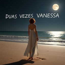 A slender woman with short, curly red hair, seen from a distance, wearing a flowing white dress, standing on a beach with her feet in the sand, gazing out at the sea at night