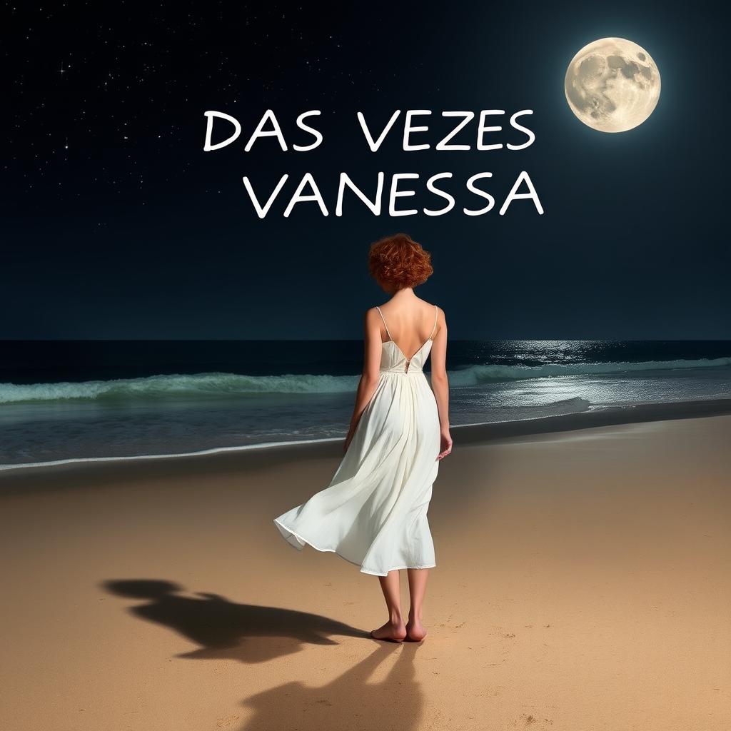 A slender woman with short, curly red hair, seen from a distance, wearing a flowing white dress, standing on a beach with her feet in the sand, gazing out at the sea at night