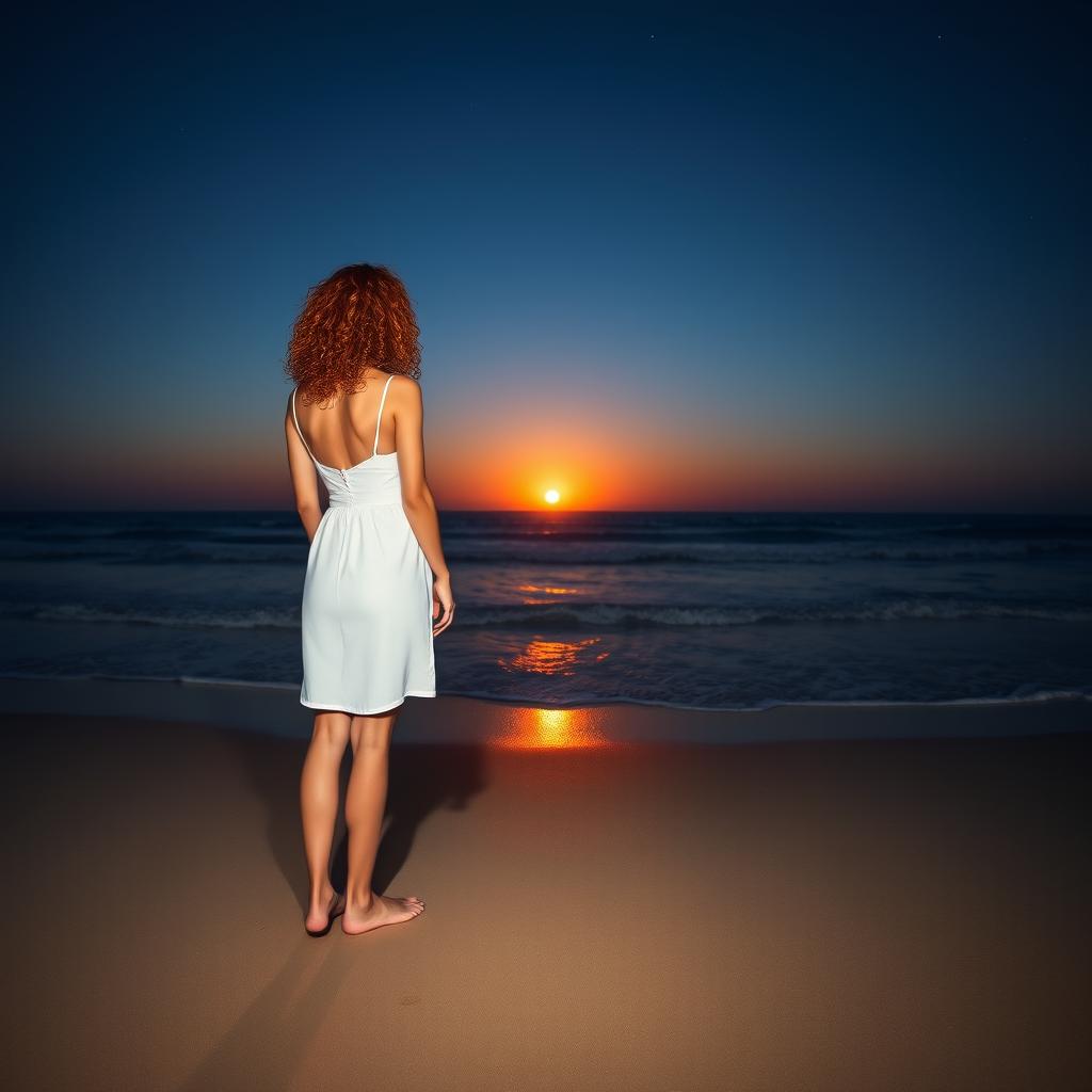 A slim, curly-haired redhead woman in a white dress standing on the beach, viewed from a distance