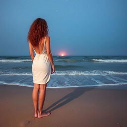 A slim, curly-haired redhead woman in a white dress standing on the beach, viewed from a distance