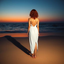 A slim, curly-haired redhead woman in a white dress standing on the beach, viewed from a distance