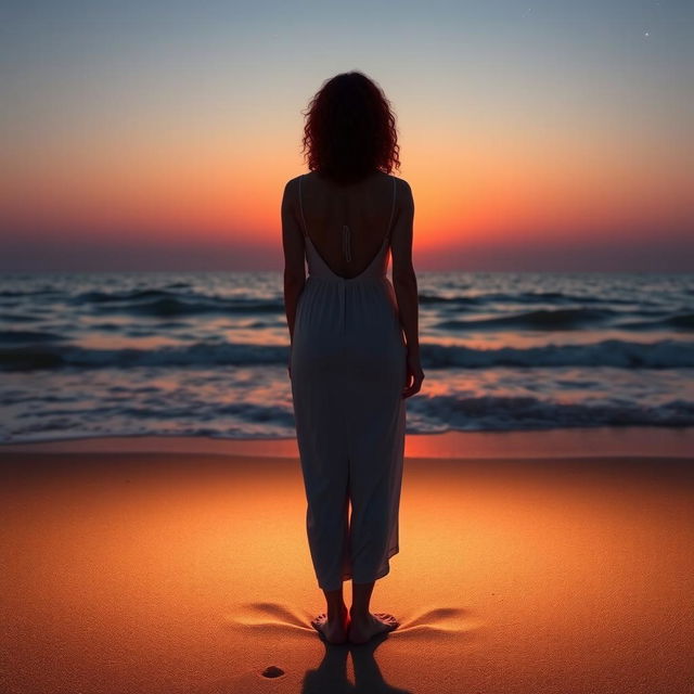 A slim, curly-haired redhead woman in a white dress standing on the beach, viewed from a distance