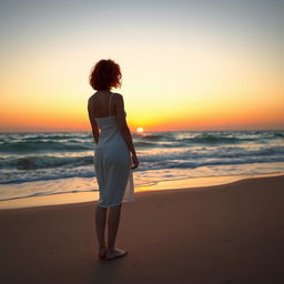 A slender red-haired woman with short curly hair, wearing a white dress, stands on the beach with her back to the viewer
