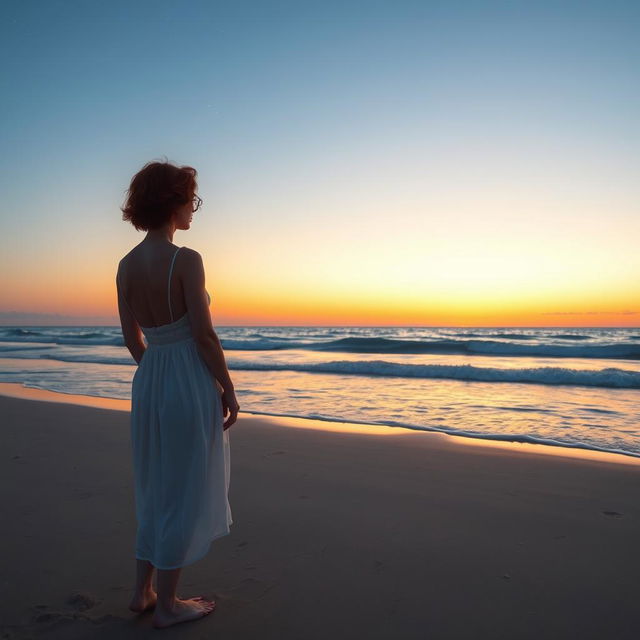 A slender red-haired woman with short curly hair, wearing a white dress, stands on the beach with her back to the viewer