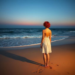 A slender red-haired woman with short curly hair, wearing a white dress, stands on the beach with her back to the viewer
