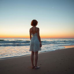 A slender red-haired woman with short curly hair, wearing a white dress, stands on the beach with her back to the viewer