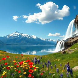 A breathtaking landscape with a serene lake reflecting the surrounding snow-capped mountains under a clear blue sky