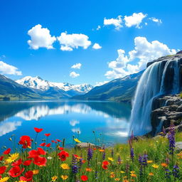 A breathtaking landscape with a serene lake reflecting the surrounding snow-capped mountains under a clear blue sky