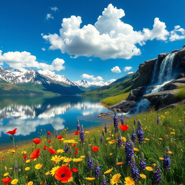 A breathtaking landscape with a serene lake reflecting the surrounding snow-capped mountains under a clear blue sky