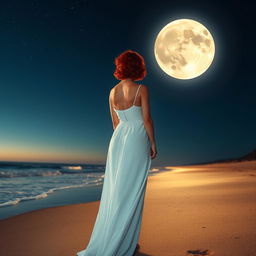 A slim woman with short, curly red hair, seen from a distance, wearing a flowing white dress