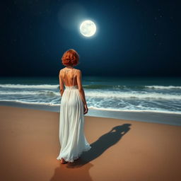 A slim woman with short, curly red hair, seen from a distance, wearing a flowing white dress