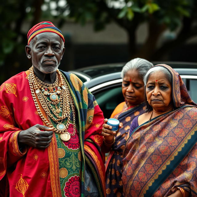 An older African man dressed in colorful traditional attire, adorned with numerous shimmering gold chains, stands proudly next to a luxurious Rolls Royce car