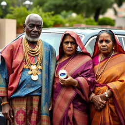 An older African man dressed in colorful traditional attire, adorned with numerous shimmering gold chains, stands proudly next to a luxurious Rolls Royce car