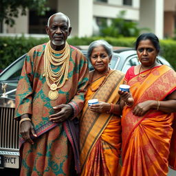 An older African man dressed in colorful traditional attire, adorned with numerous shimmering gold chains, stands proudly next to a luxurious Rolls Royce car
