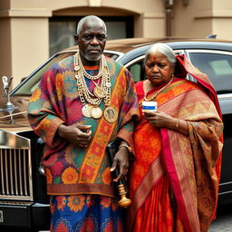 An older African man dressed in colorful traditional attire, adorned with numerous shimmering gold chains, stands proudly next to a luxurious Rolls Royce car