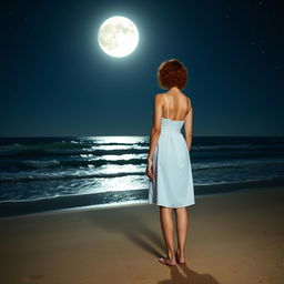 A slim, short curly redhead woman seen from a distance, wearing a knee-length white dress, standing on a beach with her feet in the sand