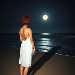 A slim, short curly redhead woman seen from a distance, wearing a knee-length white dress, standing on a beach with her feet in the sand