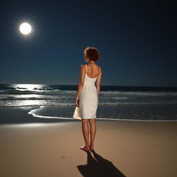 A slim, short curly redhead woman seen from a distance, wearing a knee-length white dress, standing on a beach with her feet in the sand