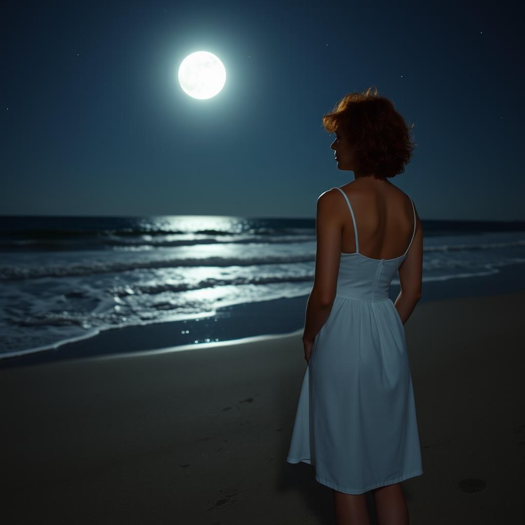 A slim, short curly redhead woman seen from a distance, wearing a knee-length white dress, standing on a beach with her feet in the sand