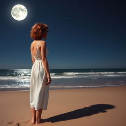 A slim woman with curly short red hair and glasses, seen from a distance, standing on the beach