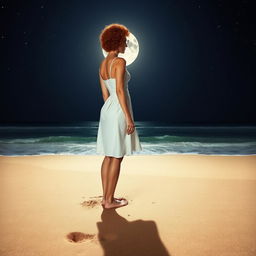 A slim woman with curly short red hair and glasses, seen from a distance, standing on the beach
