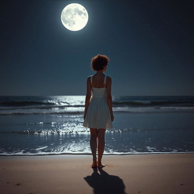 A slim woman with curly short red hair and glasses, seen from a distance, standing on the beach