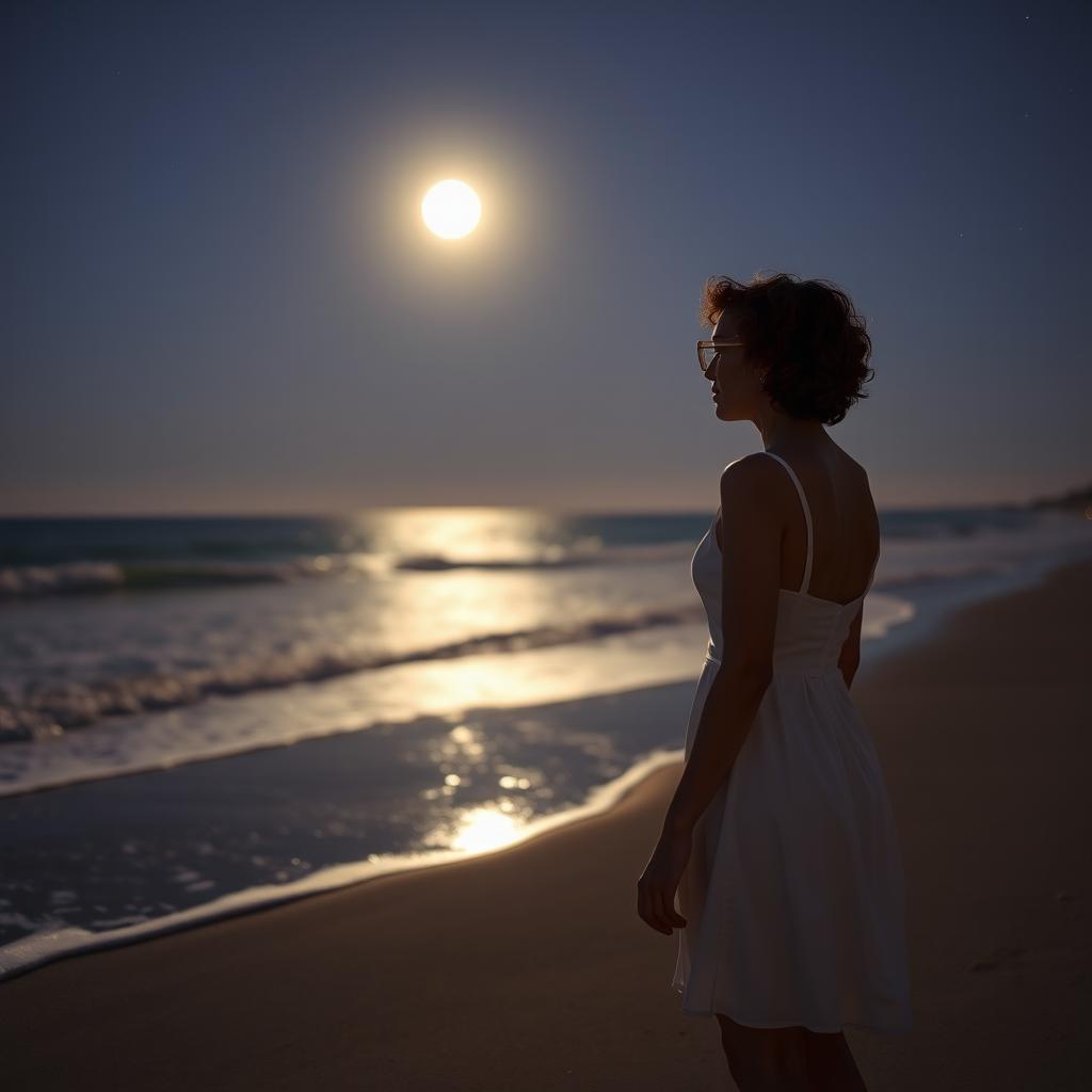 A slender woman with short curly red hair, wearing thin metal-frame glasses, seen from a distance on the beach