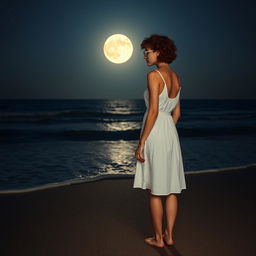 A slender woman with short curly red hair, wearing thin metal-frame glasses, seen from a distance on the beach