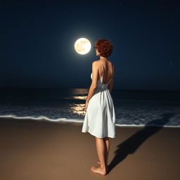 A slender woman with short curly red hair, wearing thin metal-frame glasses, seen from a distance on the beach