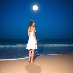 A slender woman with short curly red hair, wearing thin metal-frame glasses, seen from a distance on the beach