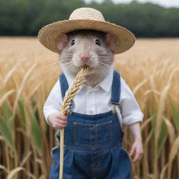 A rat dressed in traditional farmer attire, complete with a straw hat and overalls, holding a wheat stalk in its mouth.