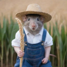 A rat dressed in traditional farmer attire, complete with a straw hat and overalls, holding a wheat stalk in its mouth.