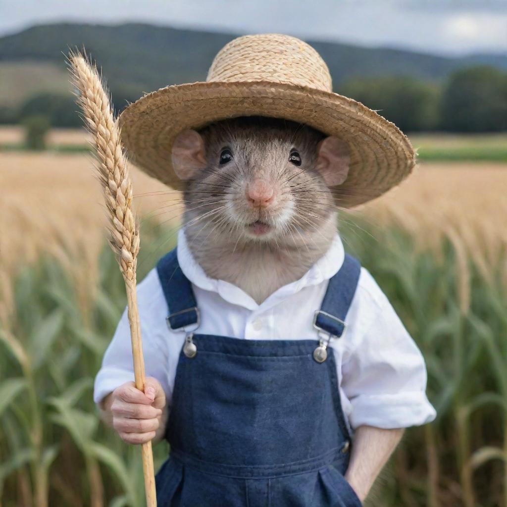 A rat dressed in traditional farmer attire, complete with a straw hat and overalls, holding a wheat stalk in its mouth.