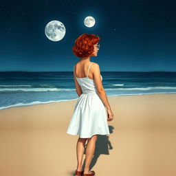 A book cover featuring a slim woman with short, curly red hair, wearing small metal-framed glasses, viewed from a distance