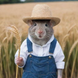 A rat dressed in traditional farmer attire, complete with a straw hat and overalls, holding a wheat stalk in its mouth.