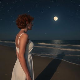 A slender red-haired woman with short curly hair, wearing small metal-frame glasses, seen from a distance