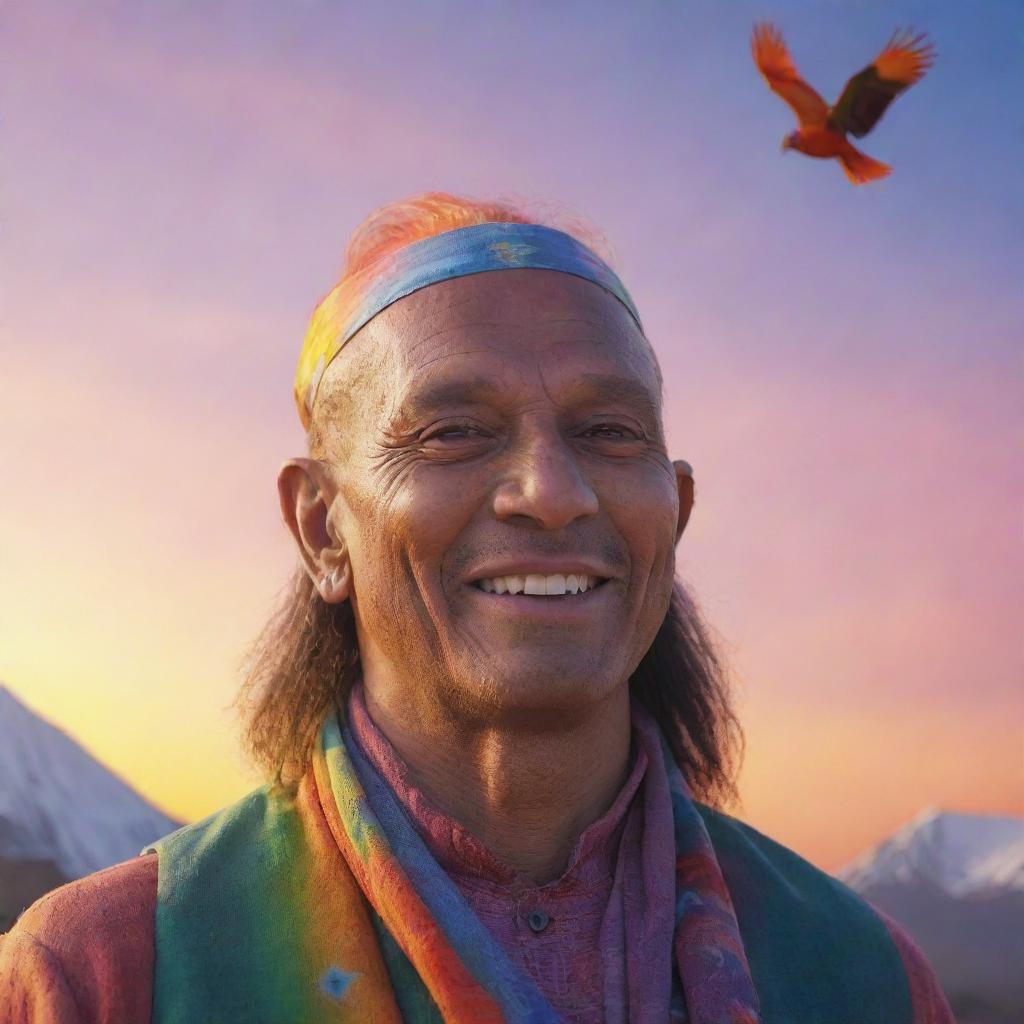 A photo-realistic image of Birdman, spiritual, kind and smiling, over the sunset at Mount Kailash. The sky is filled with birds and colourful psychedelic effects with Sacred geometric patterns. Add a light bokeh effect. Render in 4k quality.