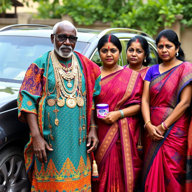 An older African man dressed in colorful traditional attire, adorned with numerous shiny gold chains, stands proudly next to a big, luxurious car